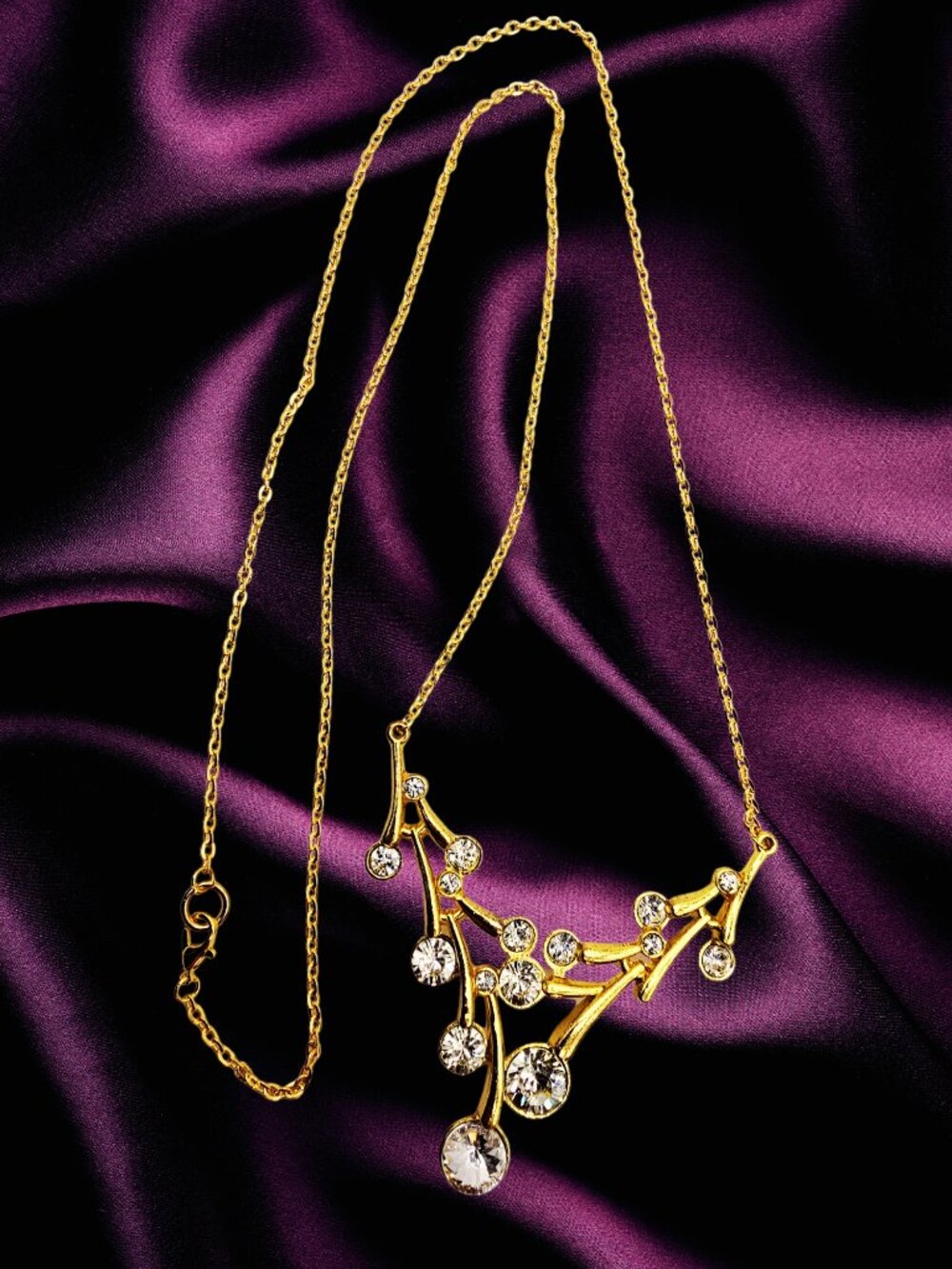 Gold Tone Branch Bib Necklace Clear Crystal Rhinestone Statement Necklace 16"
